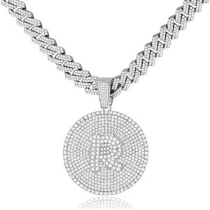 119 Round Big Initial Necklace Cuban Link Chain 18 inches. Silver tone letter R